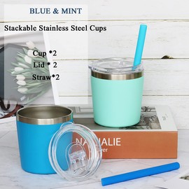 Colorful PoPo Cute Small Stainless Steel Mom and Kids Tumbler, Stackable Toddler Smoothie Cup with Lid and Silicone Straws, Set of 2 (Blue Mint, 8 OZ)