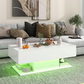 Giantex Modern LED Coffee Table - 2-Tier Center Table w/ 2 Storage Drawers, Adjustable Brightness & Speed, 20-Color Light, 43.5''L Rectangular High-Gloss Finished Table for Living Room (White)