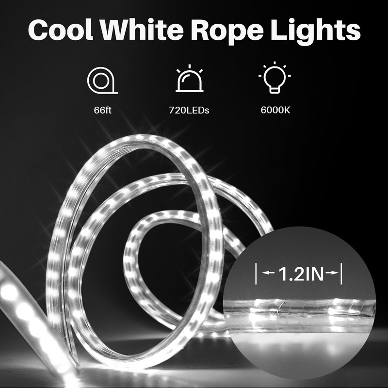 33ft/10m LED Rope Lights, Cool White Rope Light Outside, Waterproof