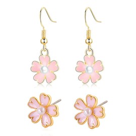 2 Pairs Small Cherry Blossoms Cartilage Stud Dangle Earrings for Women Enamel Little Flower Faux Pearl Tragus Charms Drop Earring Studs Ear Piercing Dainty Holiday Wedding Jewelry Gift for Daily Life