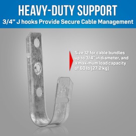 JONARD TOOLS JH12-25 - 3/4" Standard J Hook, Size 12, Pack of 25 - Heavy-Duty J Hooks for Cable Management, Supports Bundles up to 3/4", 60 lb Capacity, UL Listed, NEC & TIA Compliant