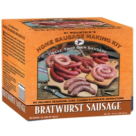 Hi Mountain Seasonings ǀ BRATWURST Sausage Making Kit ǀ Includes Sausage Seasoning, Cure, Natural Hog Casings, and Simple-to-Follow Directions ǀ Creates 24 lbs of Delicious Bratwurst Sausage