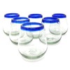 Dos Sueños Hand Blown Mexican Stemless Wine Glasses - Set of 6 Glasses with Cobalt Blue Rims (15 oz)