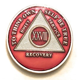 28 Year AA Medallion - Red Tri-Plate,Alcoholics Anonymous, Sobriety Chip, Token, Coin