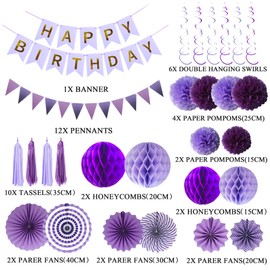 Purple Birthday Party Decorations Banner - 57 Pcs Paper Fan Pompoms Set with Pennants Bunting Hanging Swirls, Happy Birthday Banners Honeycomb Balls Decoration for Women Girls