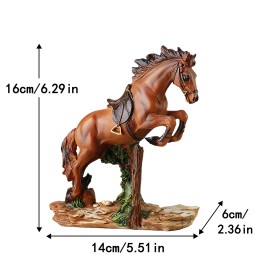 Realistic Brown Horse Resin Sculpture with Galloping Pose, Detailed Saddle and Gilded Stirrups, Natural Wood Log BaseColor: As picture, Size: One Size