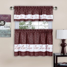 Tier and Valance Window Curtain Set - 58 Inch Width, 24 Inch Length - Live, Love, Laugh (Burgundy) - Light Filtering Drapes for Kitchen, Bedroom, Living & Dining Room by Achim Home Decor