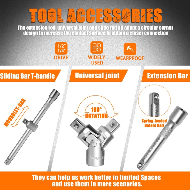XHTT Mechanics Tools Kit,108-Piece 1/4"&1/2 Metric And Standard Socket Set,Ratchet