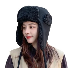 IBLUELOVER Men Fleece Earflap Trapper Hat Windproof Ushanka Russian Hat Thermal Plush Trooper Balaclava Cap Outdoor Ski Snow Cap Warm Thick Lined Black