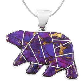 Bear Pendant Necklace 925 Sterling Silver Genuine Gemstones (24" Length) (Purple Turquoise)