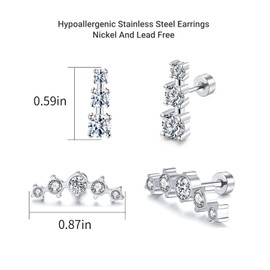2 Pair Titanium Crawl Stud Earrings for Women, Silver Cubic Zirconia Cartilage Earrings Crawler Climbers Earrings
