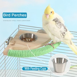 Bird Perch with Feeding Cups,Wooden Platform Bird Perches for Cage,Wrapped with Paw Grinding Bold Colored Thread for Parakeets, Cockatiel, Conure, Budgie, Macaw (Green, Sector)