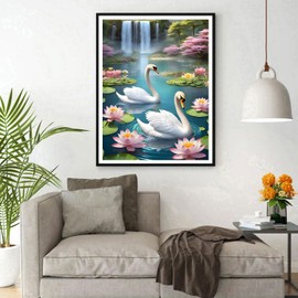 DPHERO DIY Swan Diamond Painting Pictures for Adults Beginners, 5D Waterfall Diamond Painting Set, DIY Flowers Round Stones Diamond Art Kits, Lotus Diamond Painting for Home Decor 30 x 40 cm