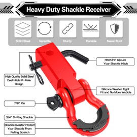 AUTOBOTS Shackle Hitch Receiver 2", 45,000 Lbs Break Strength Heavy Duty Receiver with 5/8" Screw Pin, 3/4" D Ring Shackles, Towing Accessories for Vehicle Recovery Off-Road, Red&Red