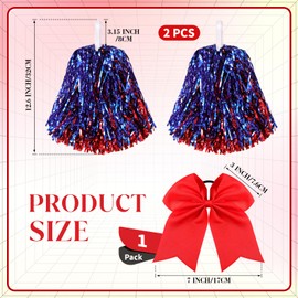 Hanaive 3 Pcs Cheerleading Pom Poms and Large Cheerleader Hair Bow Metallic Foil Cheerleader Pompoms Cheer Supplies for Dance Squad Rooters Sport Team Accessories(Red Blue)