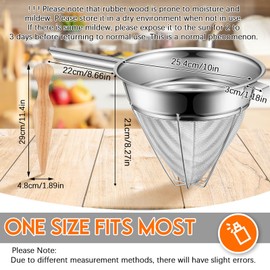 SiliFine Stainless Steel Reinforced Bouillon Strainer Sieve Strainer Cone Fine Mesh Strainer with Handle and Wood Pestle for Kitchen Food Cooking (10 Inch)