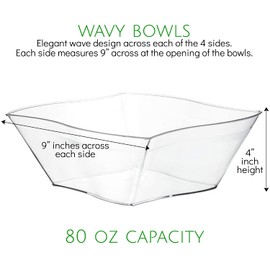 Plasticpro Disposable Elegant Wave Design Square Plastic Clear Serving Bowls Large Size, Heavy Duty, for Party's Snack or Salad Bowl, Pack of 8