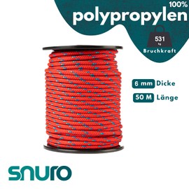 SNURO Polypropylene Rope (6 mm, 50 m, Red with Blue and Green) - Braided Rope - Lightweight Paracord for Outdoor, Survival and Garden - Breaking Force 531 kg