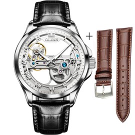 OLEVS Mens Watches Skeleton Automatic Black Leather Dress Watches for Men Luxury Large Face Two Tone Mens Mechanical Watch Casual Business Waterproof Self Winding Men's Wrist Watches