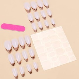 Hkanlre Uñas Postizas Con Estampado De Leopardo, Almendradas, Blancas, Estilo Francés, Cobertura Completa, Tamaño Mediano, Para Mujer, 24 Unidades