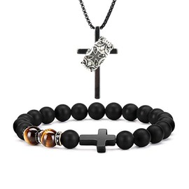 3Pcs Cross Necklace-Bracelet-Ring Jewelry Set, Stainless Steel Cross Pendant,Adjustable Jesus Bracelet and Ring, Yellow Tigers Eye Beaded Bracelets for Men Gifts