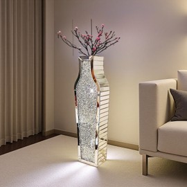 30" Large Double Sided Crushed Diamond Vases,Tall Sliver Mirrored Vase for Floor, Big Crystal Mirror Decorative Vase for Home,Office,Hotel(Sliver, 8.6" L x 5.3" W x 30" H)