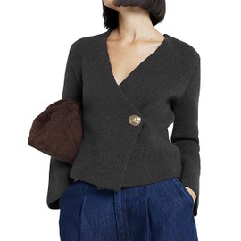 Anoumcy Asymmetric Button Up Cardigans Sweaters for Women Elegant V Neck Knit Cropped Sweater Tops 2024 Fall Outfits Trendy Black M