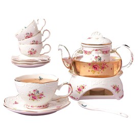 Jusalpha® Vintage Porcelain Flower Series Tea Sets, Tea Cup Saucer Set with Teapot Warmer- Filter and Spoon, 16pcs in 1 set (16pcs set)