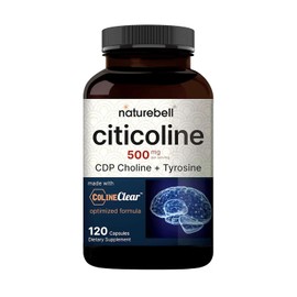 NatureBell Suplementos de citicolina, colina CDP, citicolina 500 mg más tirosina 50 mg por porción, dosis optimizada, 120 cápsulas, fórmula 2 en 1, suplemento cerebral de doble acción, sin OMG