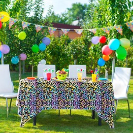 OQOQ Neon Cheetah Print Party Decorations Tablecloth (4 Packs) - 54x108 Inches Iridescent Plastic Disposable Table Cloth for Girl Sparkly Paint Splatter Leopard Safari Birthday Party Supplies