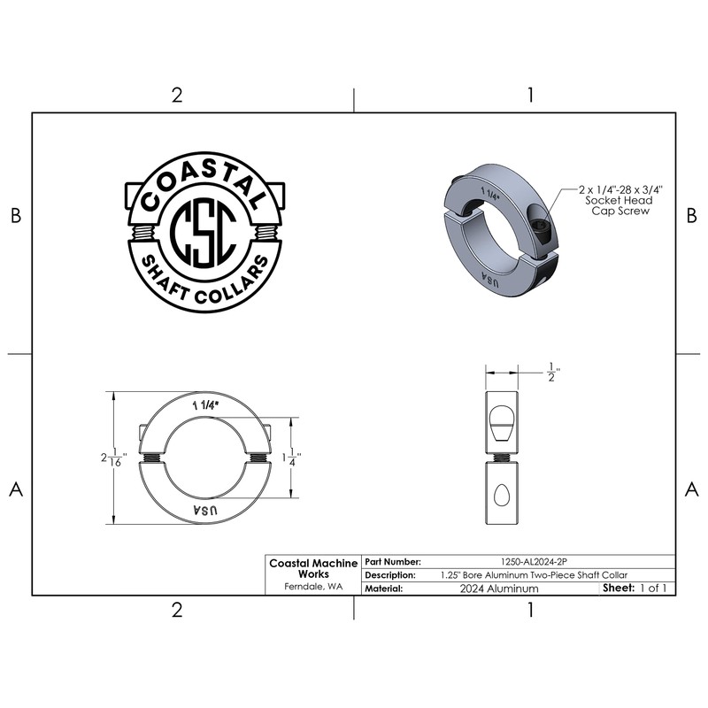Coastal Shaft Collars - 1.25" Bore Diameter - Clamping Two