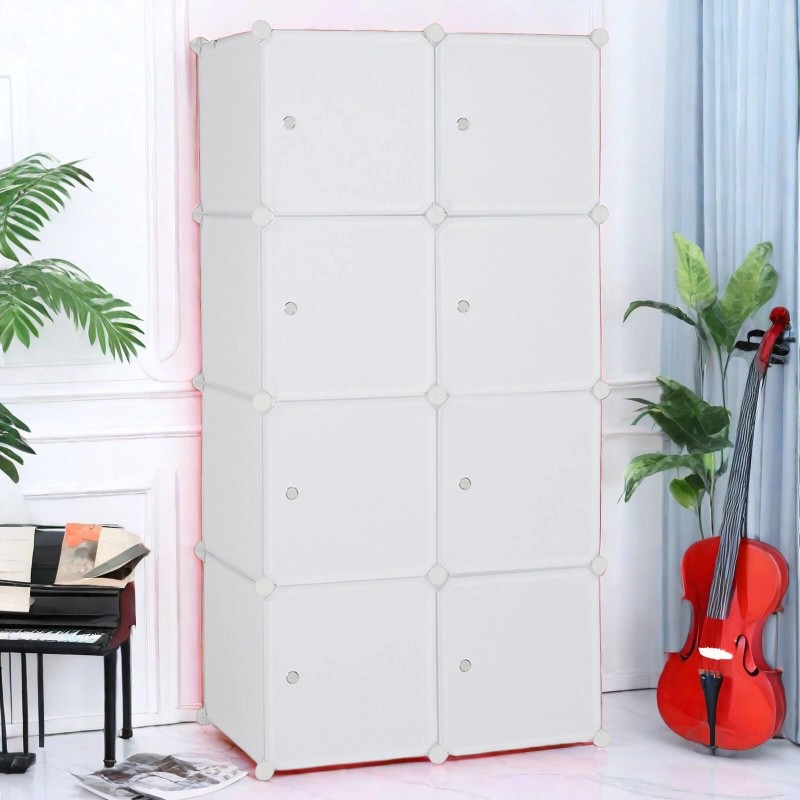 4-Tier Closet Storage Cabinet - White, 8-Cube, Hanging Rod &