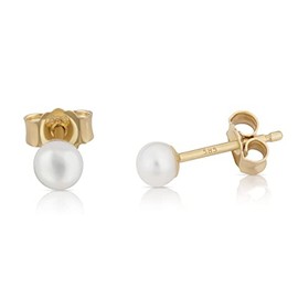 NKlaus Pair of 3 mm Genuine Freshwater Pearl Stud Earrings 585 Yellow Gold 14 Carat Cultured Pearls Bouton Pearls Earrings Hand Selected 13209, Yellow Gold, Pearl