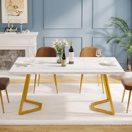 Tribesigns Gold Dining Dinner Table: 55 Inches Modern White Dining Room Table with Golden Legs, Faux Marble Small Kitchen Table for 6, Rectangular Dining Table for Apartment