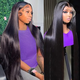 NREDCA 34 Inch 13x4 Straight Lace Front Wigs Human Hair 180% Density Pre Plucked Pre Cut Transparent Frontal Human Hair Wigs for Black Women with Baby Hair Natural Black