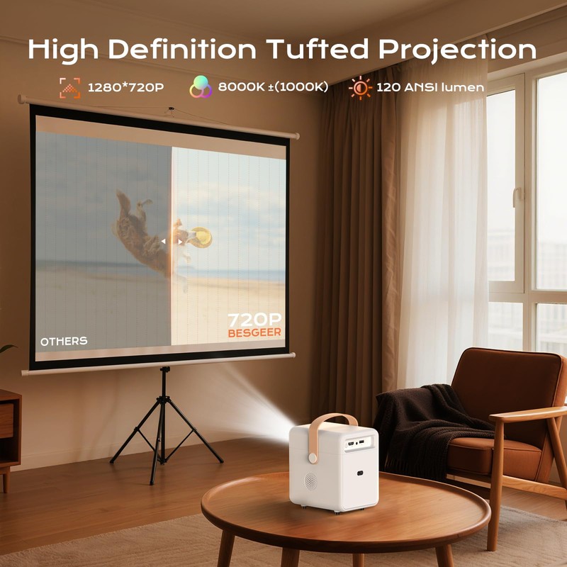 BESGEER Mini Projector WiFi for Tufting, 5.2 Built-in Bluetooth Portable