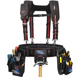 Heavy Duty Tool Belt with Padded Suspenders – Adjustable Construction Tool Rig with Multi-Pouch System – Framing & Electrician Waist Belt for Men（Adjustable one sizeZ)