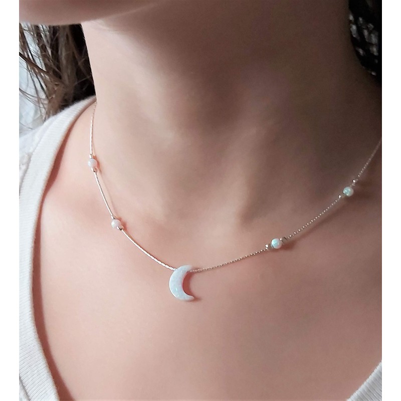 Crescent Moon Opal Necklace 925 Sterling Silver Chain White Moon