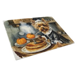 Caroline's Treasures DAC1825LCB Yorkie Fall Kitchen Pumpkins Glass Cutting Board Large Decorative Tempered Glass Kitchen Cutting and Serving Board Large Size Chopping Board
