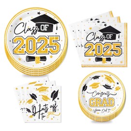 Tyzarglef Class of 2025 Graduation Plates and Napkins (120 Pcs) ,Elegant White & Gold Disposable Dinnerware Set for High School & College Parties, Serves 30 , Graduation Party Decorations & Supplies