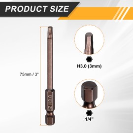 sourcing map Flat Hex Head Drill Bit H3.0 (3mm) Magnetic Tip 1/4" Hex Shank 75mm (3") Long S2 Steel Metric Hexagonal Screw Driver Screwdriver Bits Wrench Socket, Copper Tone