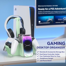 KDD Dual Controller Holder with Headphone Stand - Multi-Functional Desk Storage Box with Phone Holder - Universal Controller Stand with Desktop Organizer for Remote Control Pen Accessories(Green)