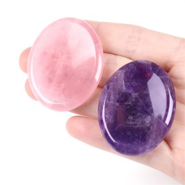 YATOJUZI Thumb Worry Stone for Anxiety Healing Crystals Sets 2PCS Amethyst Rose Quartz Hand Carved Stones Gemstone Pocket Natural Stone Meditation Reiki Oval Shaped Palm Stone Therapy