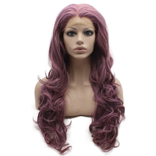 Mxangel Long Wavy Natural Synthetic Lace Front Purple Wig Heat Resistant