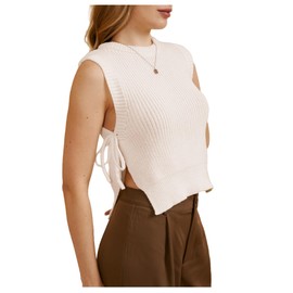 MakeMeChic Women's Tie Side Split Hem Crochet Knitted Sweater Vest Sleeveless Crew Neck Sweaters Tank Top, Beige, Medium