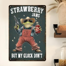 Funny Metal Tin Sign - 'Strawberry Jams But My Glock Don't' - Cartoon Frog Design Strawberry Jams Theme Wall Decor Paper - 8x12 Inch Vintage Metal Tin Sign - Waterproof and Easy to Hang Décor for Restroom, Home, or Office