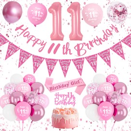11th Birthday Decorations - Pink Balloons, Happy Birthday Banner & Number 11 Sash for Girls