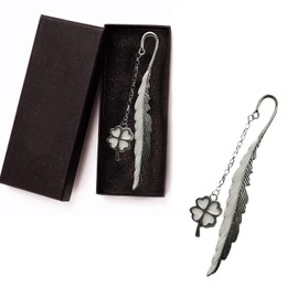 WOOXDYUK Luminous Feather Bookmark with Four Leaf Clover & Gift Box - Retro, Glows in the Dark for Book Decoration, Gift for Men, Women, Lovers (Silver)