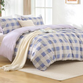 MUXHOMO Duvet Cover King Size, 3 Pieces Plaid Duvet Cover Set, Reversible Purple Bedding Set with Dual-Zipper & 8 Corner Ties (104"x90", 2 Pillowcases)