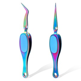 Jeffdad 2 Pcs Reverse Tweezers, Precision Craft Tweezers Crossing Lock Tweezers Fine Tip Grip Reverse Curved Bent Straight Tweezers for Crafting, Jewelry, Laboratory Work (Titanium, Blue)